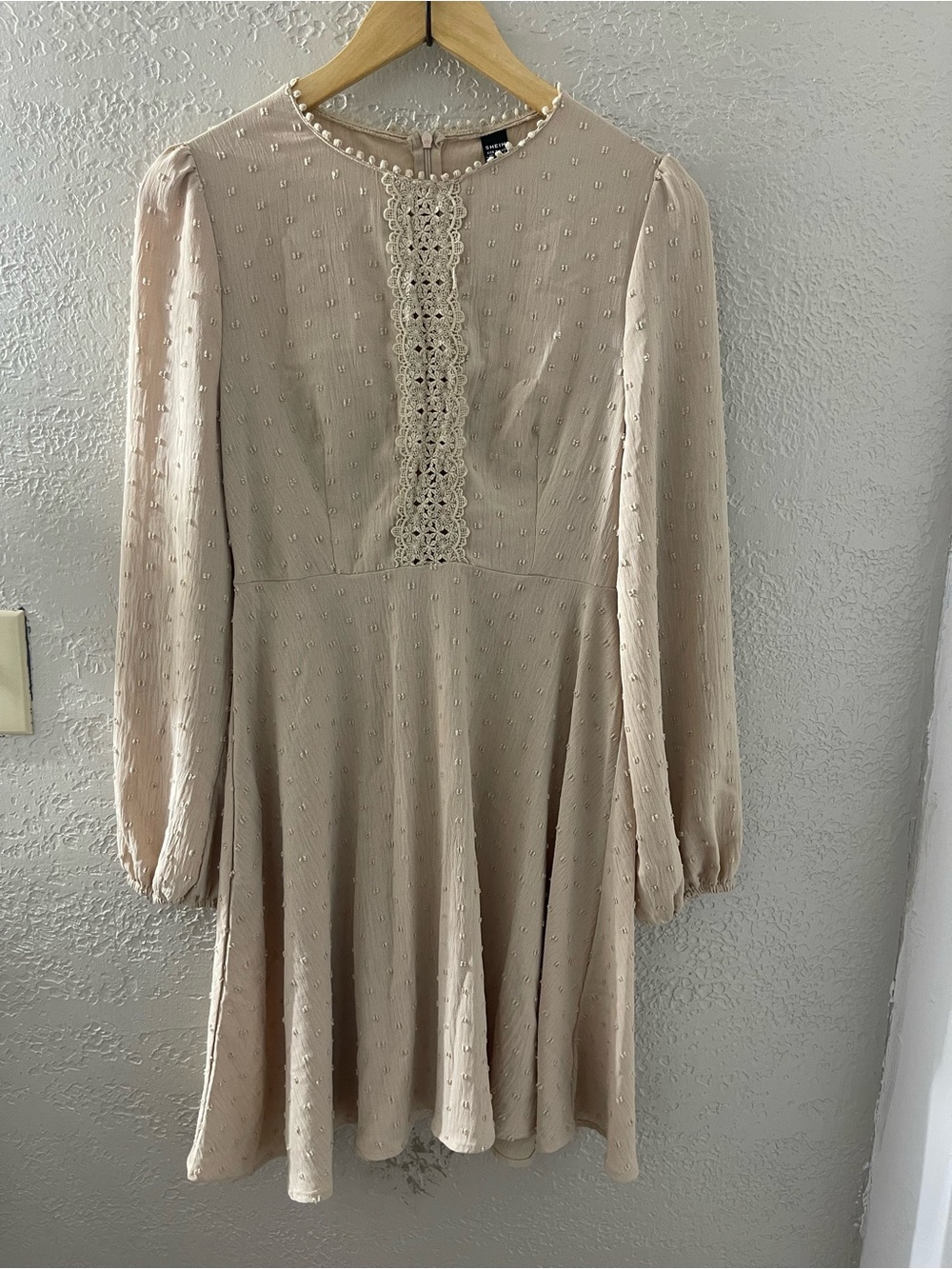 SHEIN Y2K Tan Cream Lace-Front Long Sleeve Mini Dress Medium